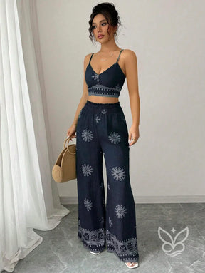 Conjunto Co-ord Estampado Top Alças E Calça Pantalona Conjunto Co-ord Curto Estampado Com Zíper Fronta