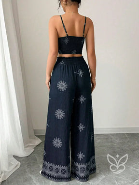 Conjunto Co-ord Estampado Top Alças E Calça Pantalona Conjunto Co-ord Curto Estampado Com Zíper Fronta