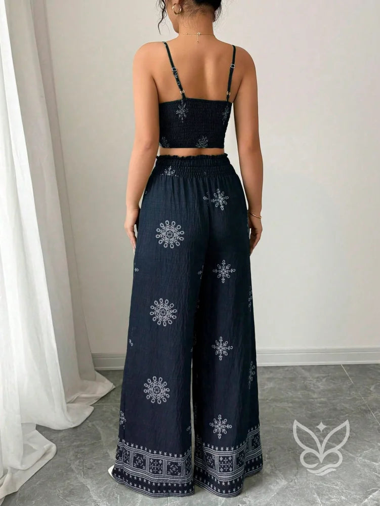 Conjunto Co-ord Estampado Top Alças E Calça Pantalona Conjunto Co-ord Curto Estampado Com Zíper Fronta