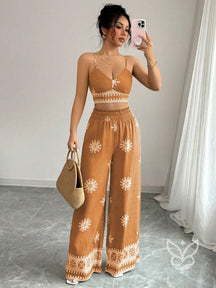 Conjunto Co-ord Estampado Top Alças E Calça Pantalona Laranja / PP Conjunto Co-ord Curto Estampado Com Zíper Fronta