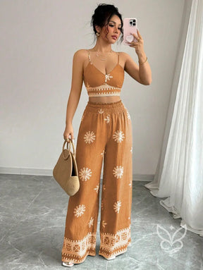 Conjunto Co-ord Estampado Top Alças E Calça Pantalona Laranja / PP Conjunto Co-ord Curto Estampado Com Zíper Fronta