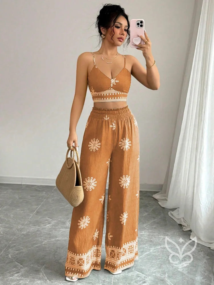 Conjunto Co-ord Estampado Top Alças E Calça Pantalona Laranja / PP Conjunto Co-ord Curto Estampado Com Zíper Fronta