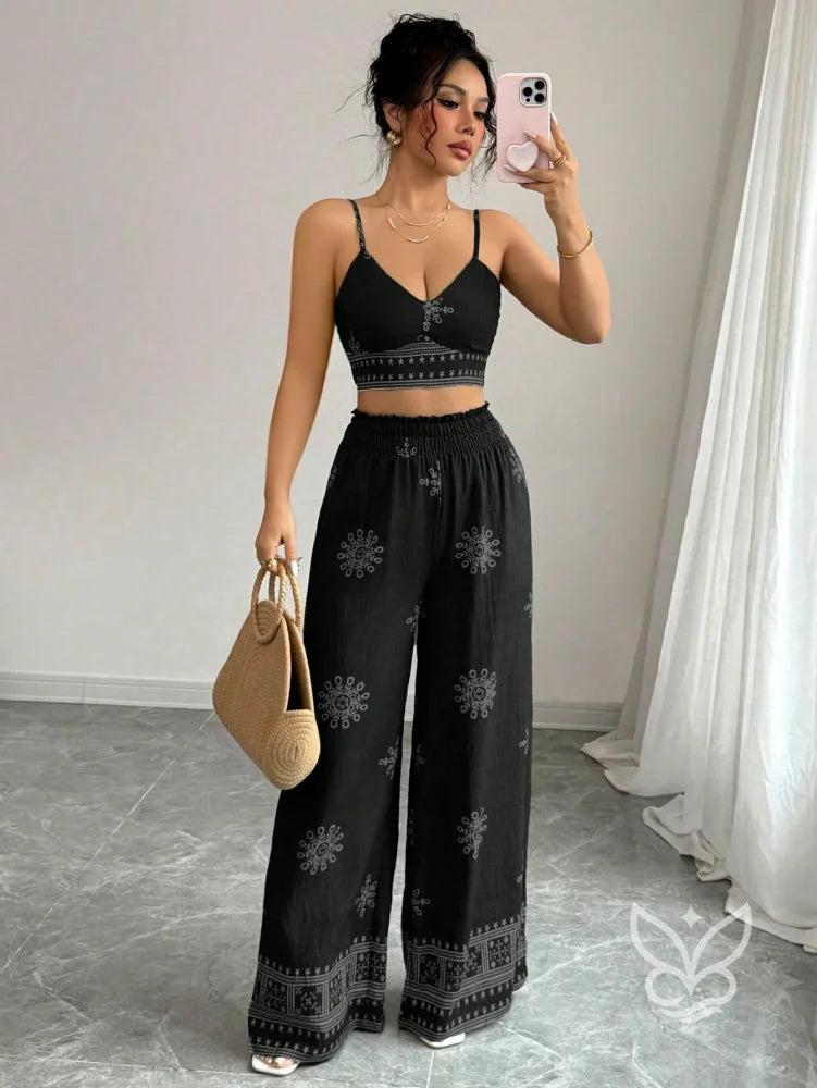 Conjunto Co-ord Estampado Top Alças E Calça Pantalona Preto / PP Conjunto Co-ord Curto Estampado Com Zíper Fronta