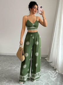 Conjunto Co-ord Estampado Top Alças E Calça Pantalona Verde / PP Conjunto Co-ord Curto Estampado Com Zíper Fronta