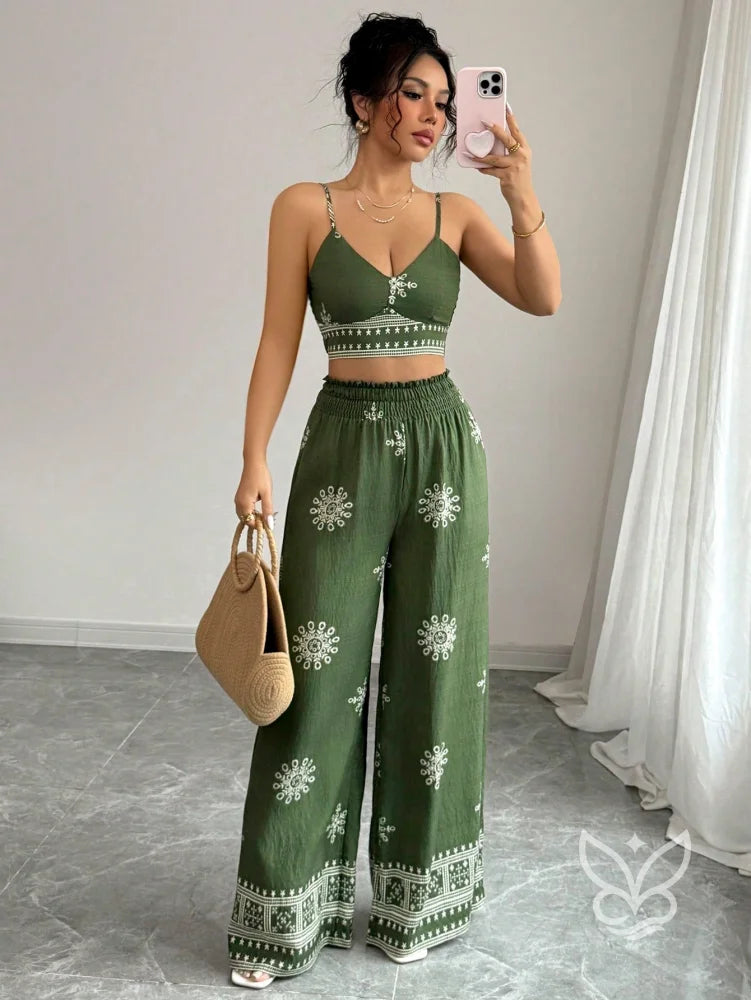 Conjunto Co-ord Estampado Top Alças E Calça Pantalona Verde / PP Conjunto Co-ord Curto Estampado Com Zíper Fronta