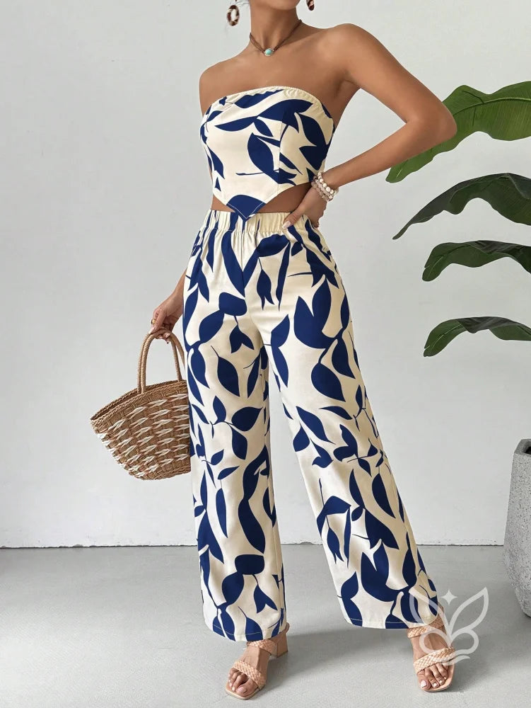 Conjunto Co-ord Estampado Top Tomara Que Caia E Calça Pantalona Flare Azul Marinho / PP Conjunto Co-ord Estampado Top