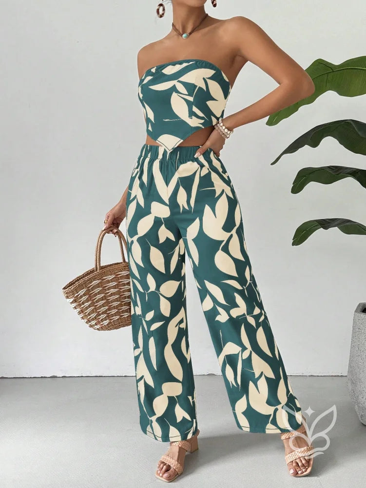 Conjunto Co-ord Estampado Top Tomara Que Caia E Calça Pantalona Flare Azul Petróleo / PP Conjunto Co-ord Estampado Top