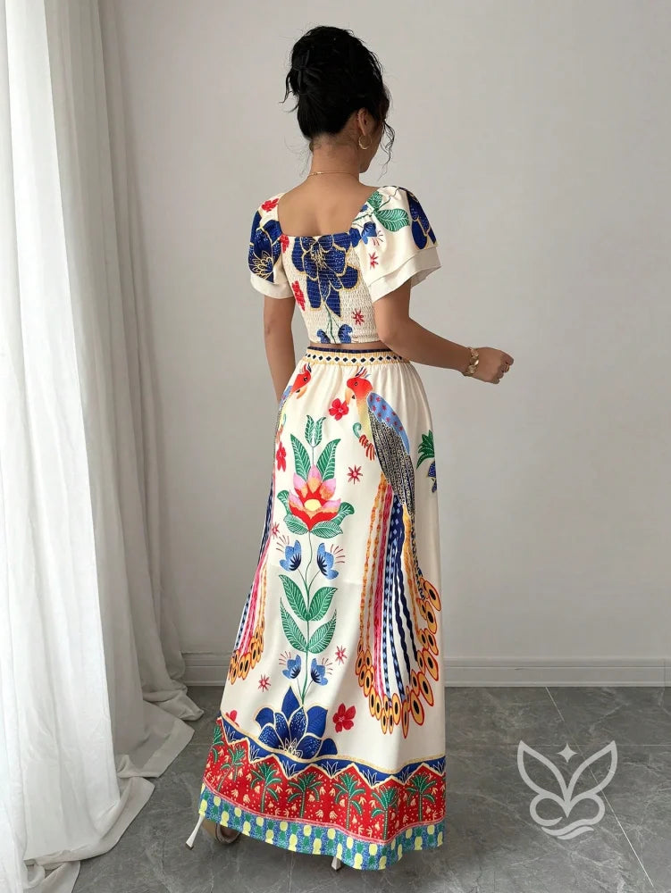 Conjunto Co-ord Floral Com Cropped Manga Bufante E Saia Longa Evasê Conjunto Co-ord Floral Com Cropped Manga Bufante E