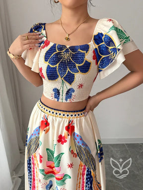 Conjunto Co-ord Floral Com Cropped Manga Bufante E Saia Longa Evasê Conjunto Co-ord Floral Com Cropped Manga Bufante E