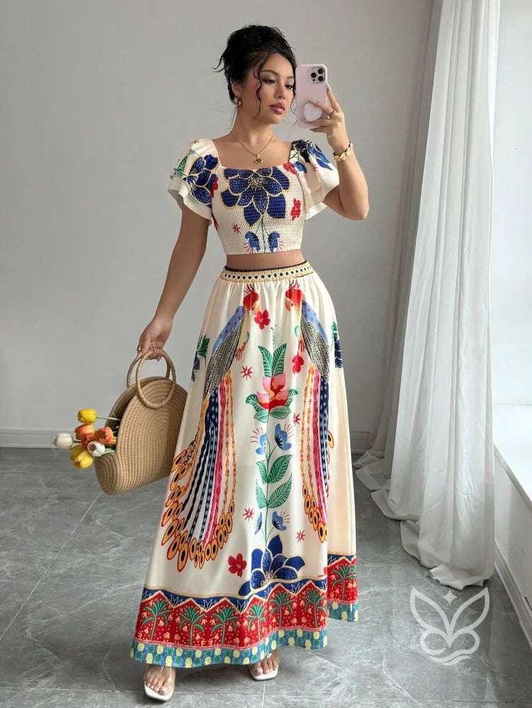 Conjunto Co-ord Floral Com Cropped Manga Bufante E Saia Longa Evasê Estampa 1 / PP Conjunto Co-ord Floral Com Cropped