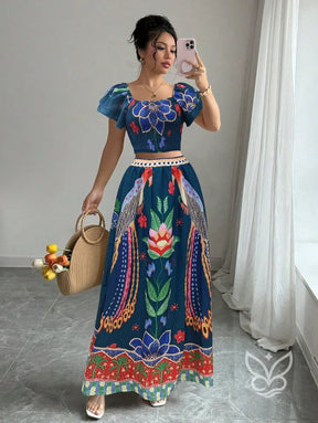 Conjunto Co-ord Floral Com Cropped Manga Bufante E Saia Longa Evasê Estampa 2 / PP Conjunto Co-ord Floral Com Cropped
