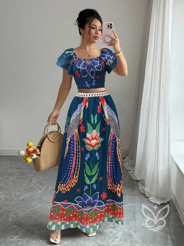 Conjunto Co-ord Floral Com Cropped Manga Bufante E Saia Longa Evasê Estampa 2 / PP Conjunto Co-ord Floral Com Cropped