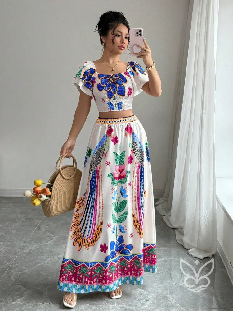 Conjunto Co-ord Floral Com Cropped Manga Bufante E Saia Longa Evasê Estampa 3 / PP Conjunto Co-ord Floral Com Cropped