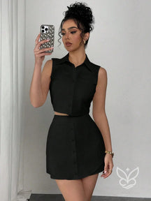 Conjunto Colete Abotoado Gola Camisa E Mini Saia Preto / PP Conjunto Colete Abotoado Gola Camisa E Mini Saia