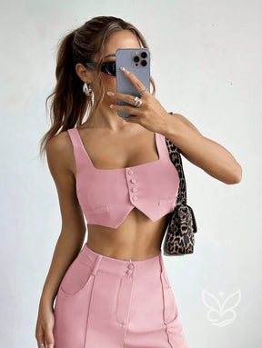 Conjunto Colete Alças Grossas Botões Frontais E Calça Pantalona Conjunto Colete Alças Grossas Botões Frontais E Calça