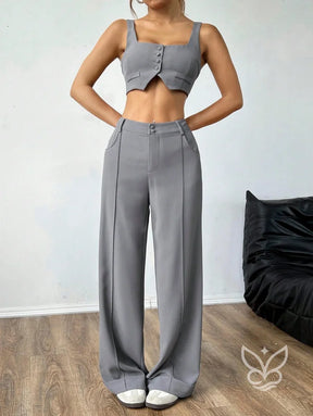 Conjunto Colete Alças Grossas Botões Frontais E Calça Pantalona Conjunto Colete Alças Grossas Botões Frontais E Calça