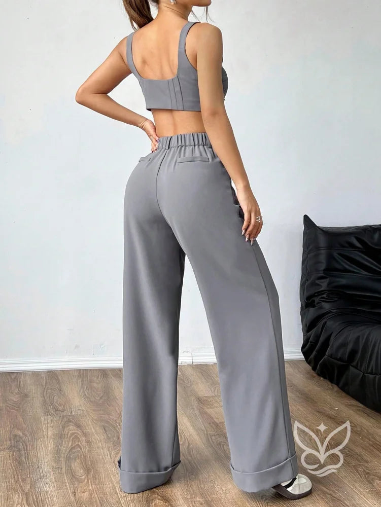 Conjunto Colete Alças Grossas Botões Frontais E Calça Pantalona Conjunto Colete Alças Grossas Botões Frontais E Calça