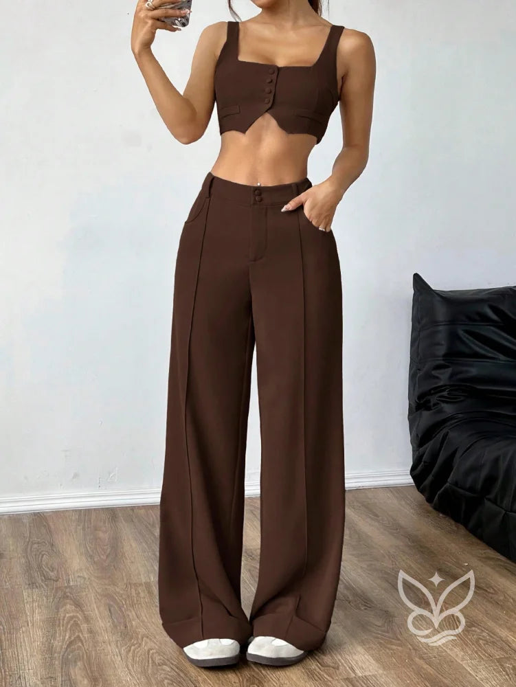 Conjunto Colete Alças Grossas Botões Frontais E Calça Pantalona Castanho / PP Conjunto Colete Alças Grossas Botões