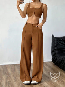 Conjunto Colete Alças Grossas Botões Frontais E Calça Pantalona Chocolate / PP Conjunto Colete Alças Grossas Botões