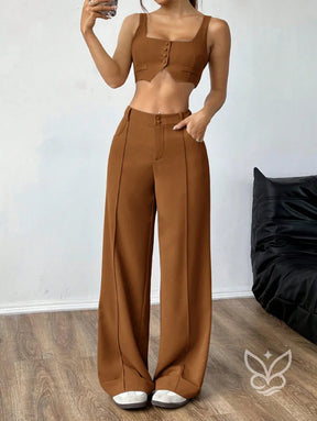 Conjunto Colete Alças Grossas Botões Frontais E Calça Pantalona Chocolate / PP Conjunto Colete Alças Grossas Botões