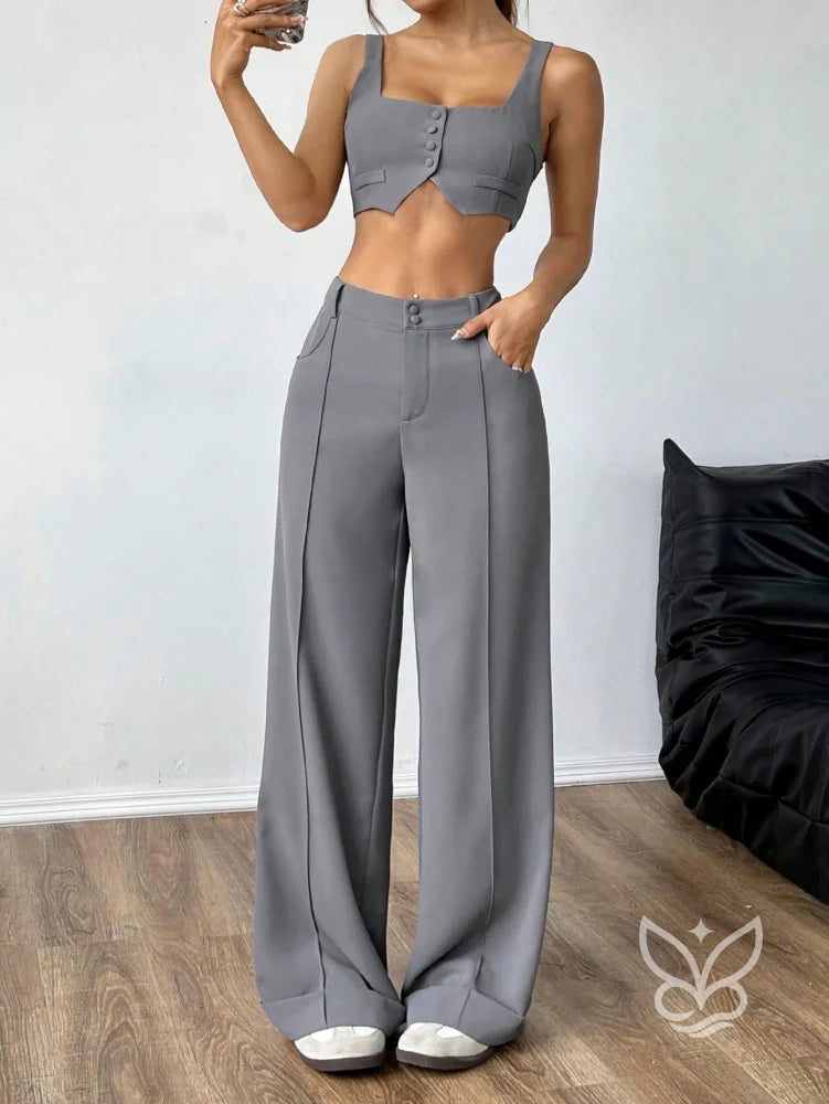 Conjunto Colete Alças Grossas Botões Frontais E Calça Pantalona Cinza / PP Conjunto Colete Alças Grossas Botões