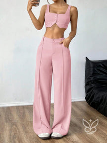 Conjunto Colete Alças Grossas Botões Frontais E Calça Pantalona Rosa Chiclete / PP Conjunto Colete Alças Grossas Botões