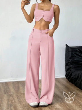 Conjunto Colete Alças Grossas Botões Frontais E Calça Pantalona Rosa Chiclete / PP Conjunto Colete Alças Grossas Botões