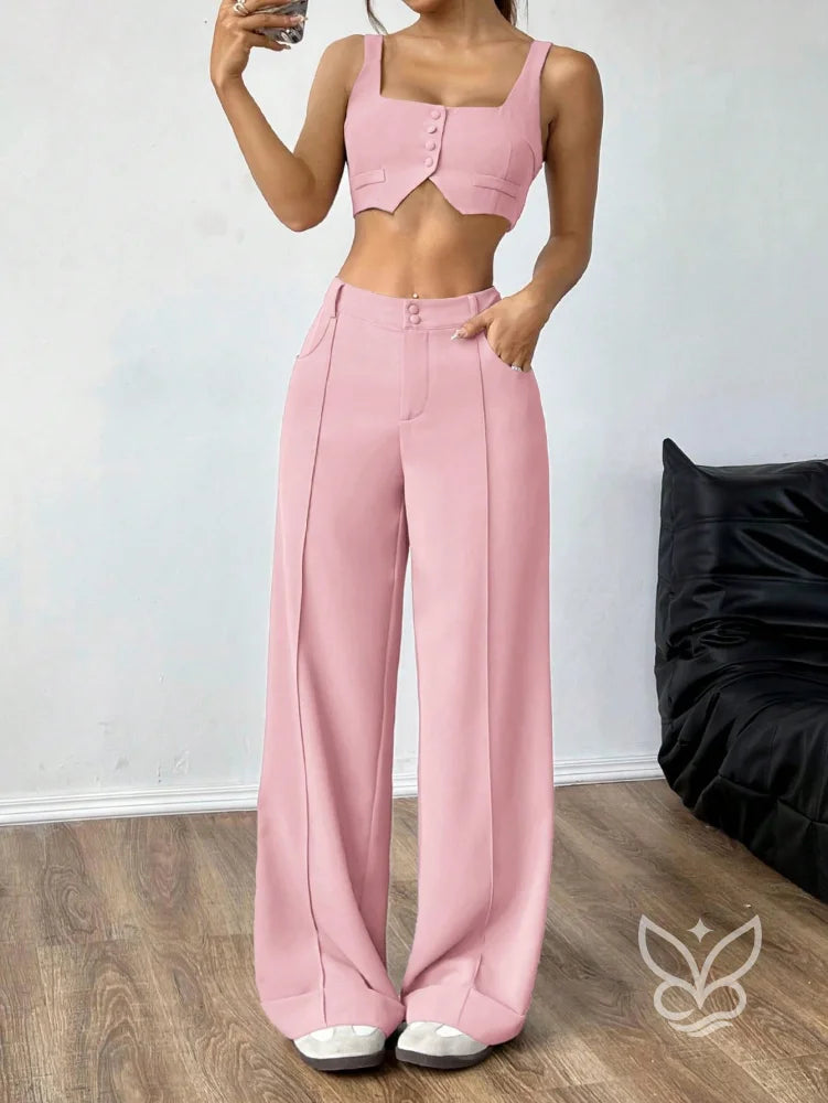 Conjunto Colete Alças Grossas Botões Frontais E Calça Pantalona Rosa Chiclete / PP Conjunto Colete Alças Grossas Botões