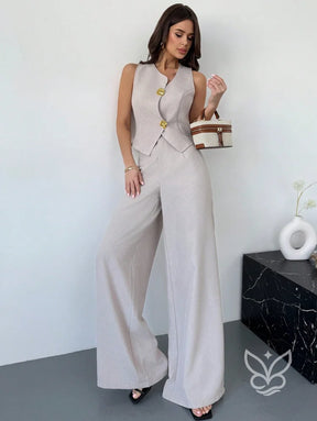 Conjunto Colete Assimétrico Com Fivela E Calça Pantalona Slimming Conjunto Colete Assimétrico Com Fivela E Calça