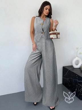 Conjunto Colete Assimétrico Com Fivela E Calça Pantalona Slimming Conjunto Colete Assimétrico Com Fivela E Calça