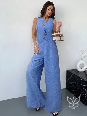 Conjunto Colete Assimétrico Com Fivela E Calça Pantalona Slimming Conjunto Colete Assimétrico Com Fivela E Calça