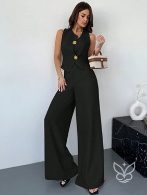 Conjunto Colete Assimétrico Com Fivela E Calça Pantalona Slimming Conjunto Colete Assimétrico Com Fivela E Calça