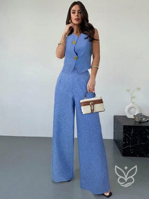 Conjunto Colete Assimétrico Com Fivela E Calça Pantalona Slimming Azul / PP Conjunto Colete Assimétrico Com Fivela E
