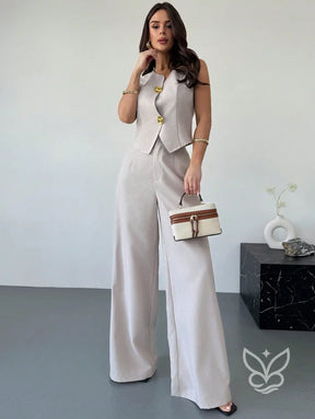 Conjunto Colete Assimétrico Com Fivela E Calça Pantalona Slimming Caqui / PP Conjunto Colete Assimétrico Com Fivela E