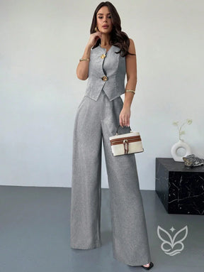 Conjunto Colete Assimétrico Com Fivela E Calça Pantalona Slimming Cinza / PP Conjunto Colete Assimétrico Com Fivela E