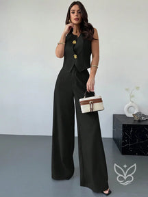 Conjunto Colete Assimétrico Com Fivela E Calça Pantalona Slimming Preto / PP Conjunto Colete Assimétrico Com Fivela E