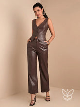 Conjunto Colete Com Botões E Calça Couro Sintético Marrom / PP Conjunto Colete Com Botões E Calça Couro Sintético