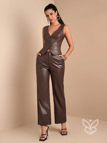 Conjunto Colete Com Botões E Calça Couro Sintético Marrom / PP Conjunto Colete Com Botões E Calça Couro Sintético