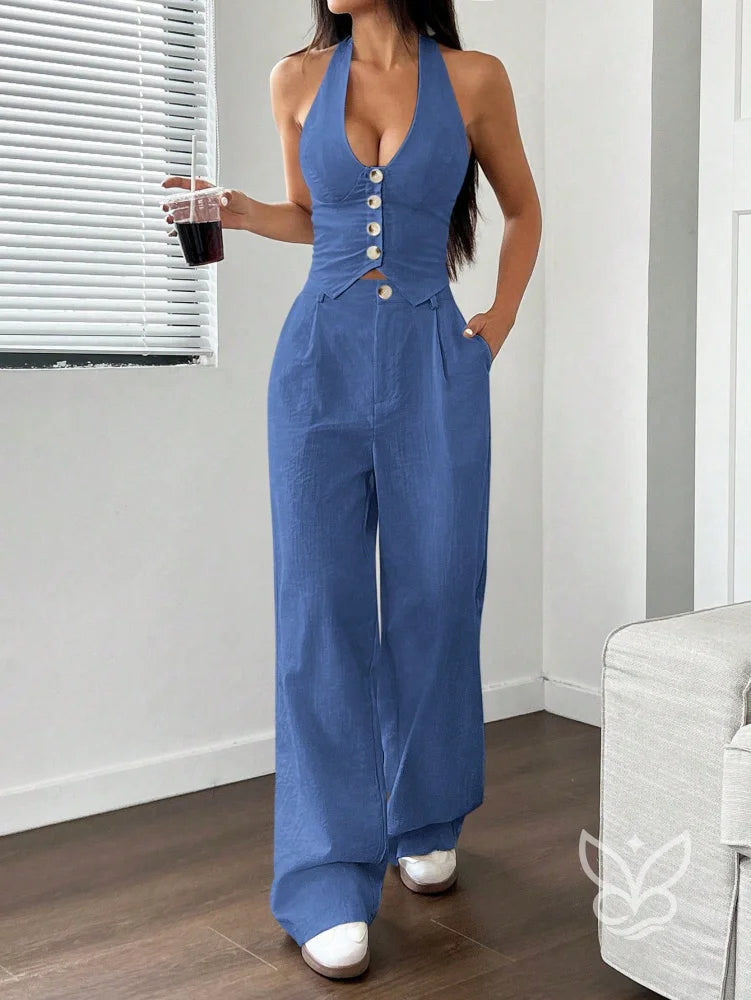 Conjunto Colete Halter Com Amarração E Calça Reta Azul Bebê / PP Conjunto Colete Halter Com Amarração E Calça Reta