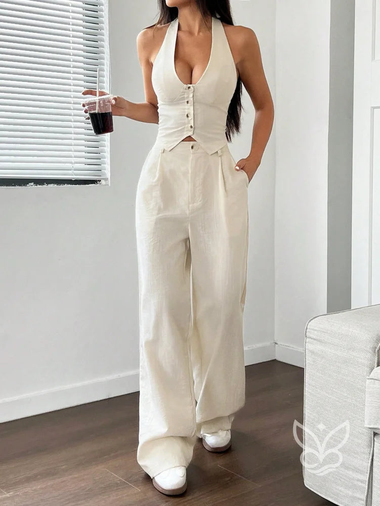 Conjunto Colete Halter Com Amarração E Calça Reta Damasco / PP Conjunto Colete Halter Com Amarração E Calça Reta