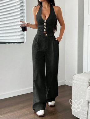 Conjunto Colete Halter Com Amarração E Calça Reta Preto / PP Conjunto Colete Halter Com Amarração E Calça Reta