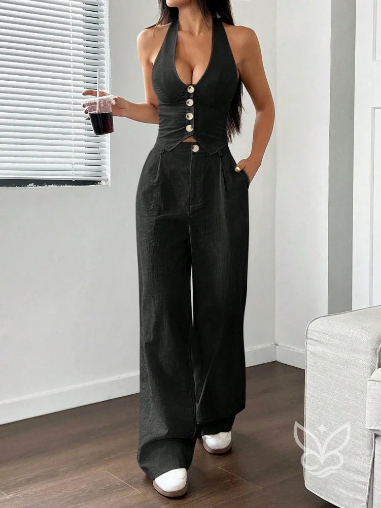 Conjunto Colete Halter Com Amarração E Calça Reta Preto / PP Conjunto Colete Halter Com Amarração E Calça Reta