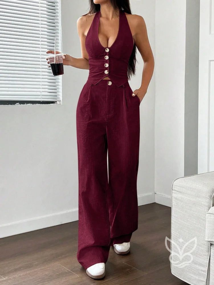 Conjunto Colete Halter Com Amarração E Calça Reta Vinho / PP Conjunto Colete Halter Com Amarração E Calça Reta