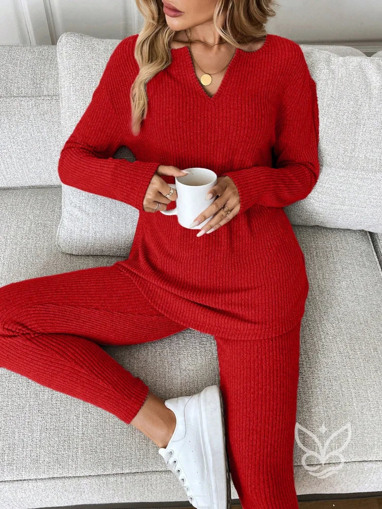 Conjunto Conforto Canelado com Blusa Longa e Calça Vermelho / PP Conjunto Conforto Canelado com Blusa Longa e Calça