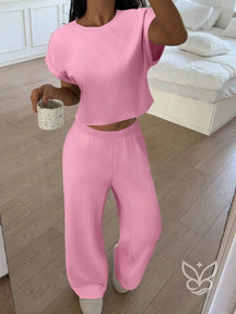 Conjunto Conforto Com Calça Larga E Cropped De Malha Rosa / PP Conjunto Conforto Com Calça Larga E Cropped De Malha