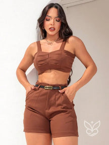 Conjunto Cropped Alfaitaria Com Shorts Marrom / P Conjunto Cropped Alfaitaria Com Shorts