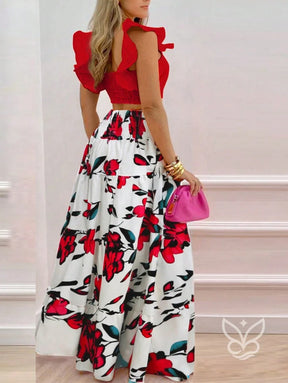 Conjunto Cropped Com Babados E Saia Longa Floral Estampada Conjunto Cropped Com Babados E Saia Longa Floral Estampada