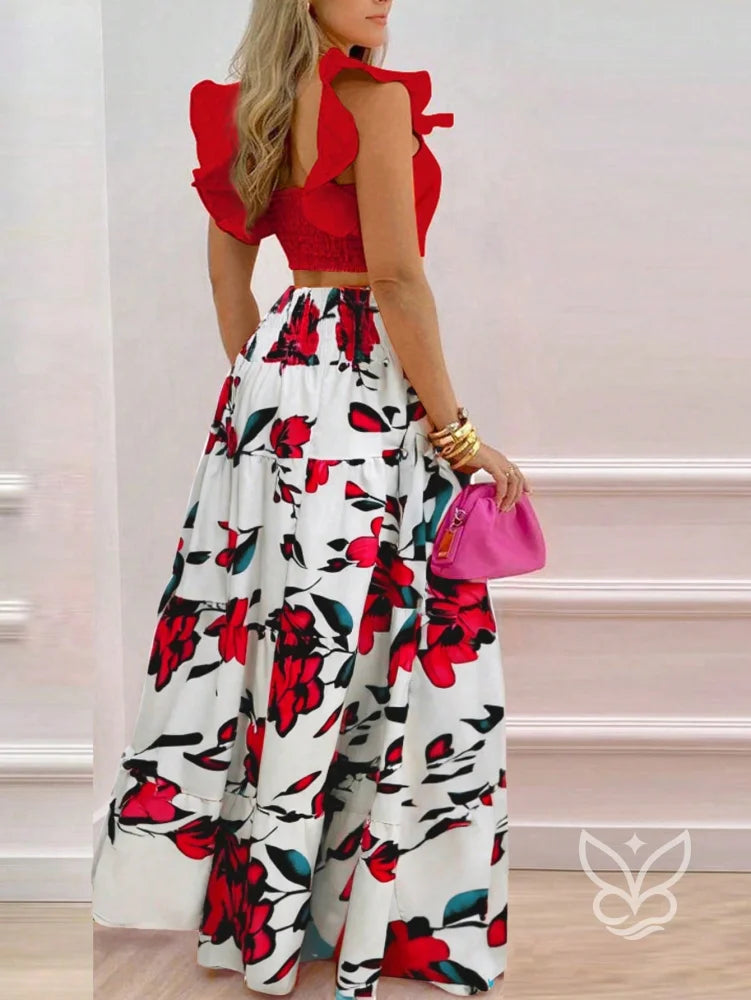 Conjunto Cropped Com Babados E Saia Longa Floral Estampada Conjunto Cropped Com Babados E Saia Longa Floral Estampada