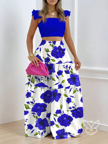Conjunto Cropped Com Babados E Saia Longa Floral Estampada Azul / PP Conjunto Cropped Com Babados E Saia Longa Floral