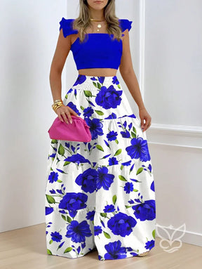 Conjunto Cropped Com Babados E Saia Longa Floral Estampada Azul / PP Conjunto Cropped Com Babados E Saia Longa Floral